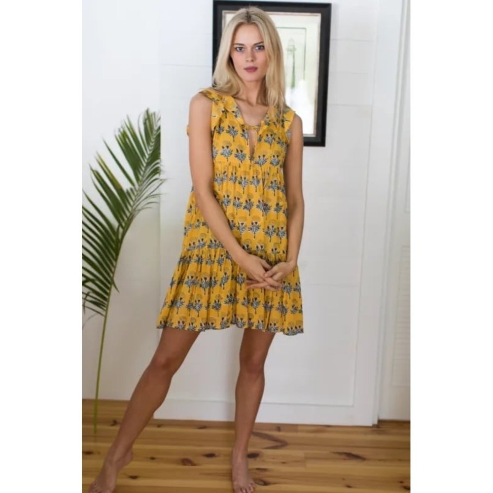 Emerson Fry India Collection Angel Dress marigold yellow floral print sz XS/S